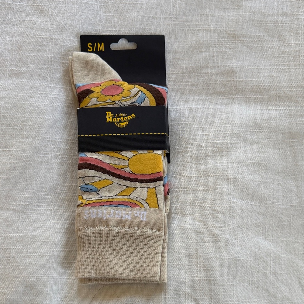 Dr. Martens Beige Crew Socks with Yellow & Pink Floral Graphic